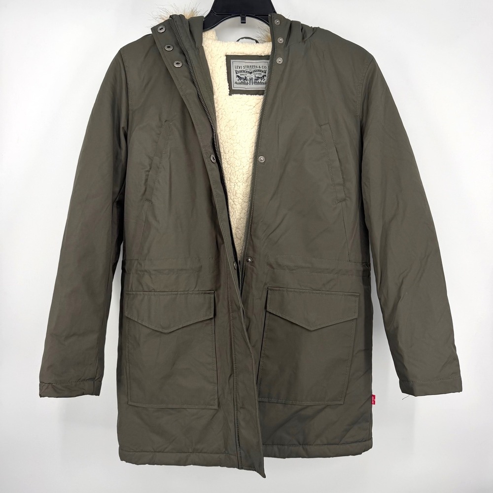 Levi Parka Jacket Womens Medium Olive Green Sherpa Lined Faux Fur Hood